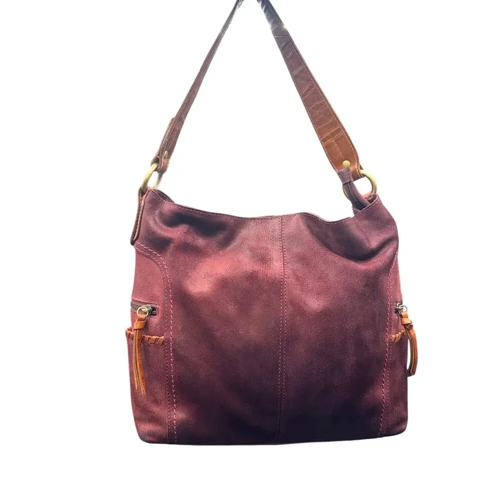 Nino Bossi Burgundy Leather Hobo Bag Whipstitch Boho Shoulder Purse